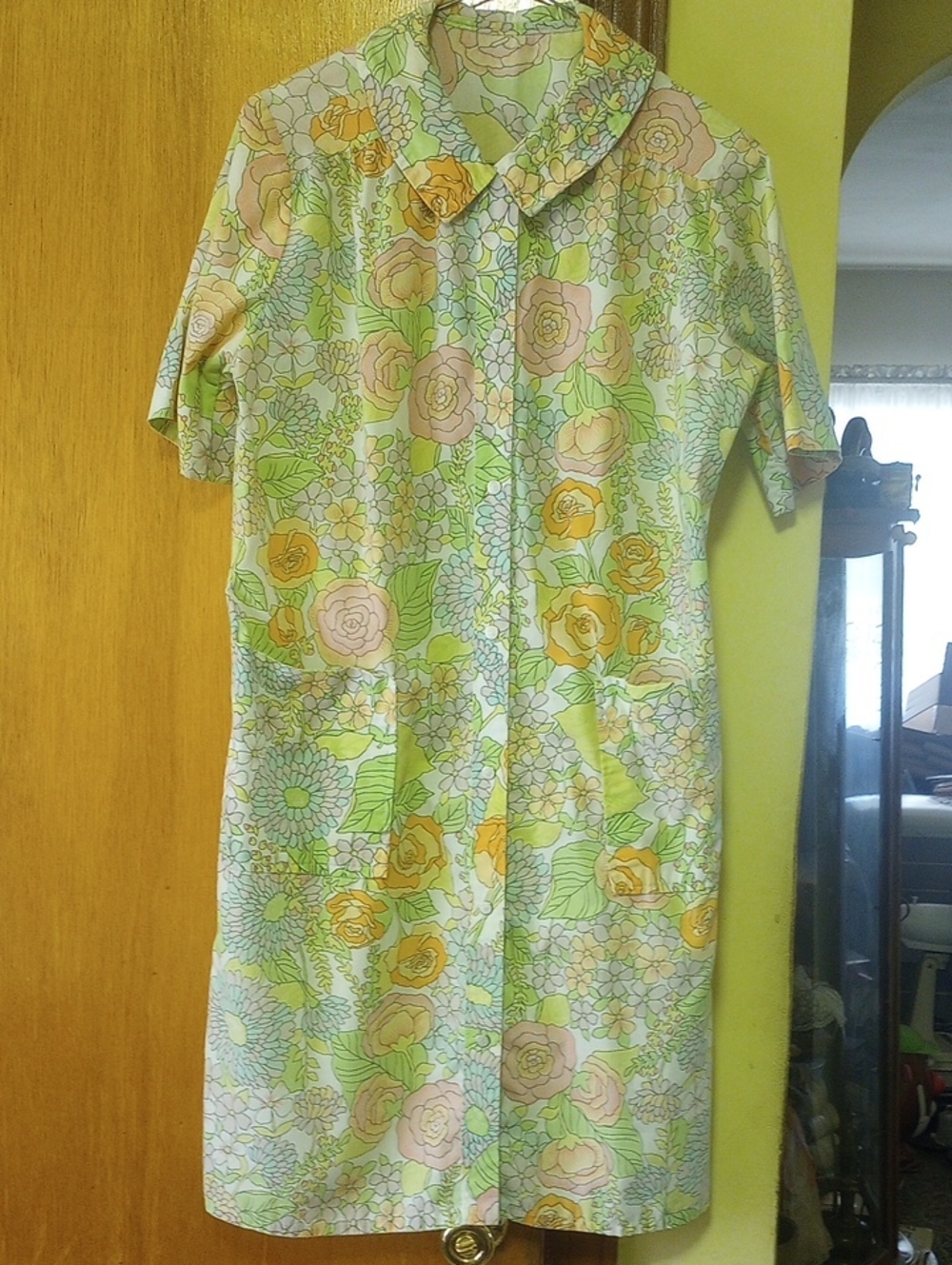 Vintage Floral Cotton House Dress. Pink Peach Yellow Green Blue Lavender White